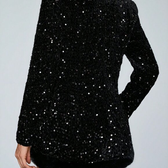 Black Party Women's Design Loose Sequin Fabric Patchwork Blazer - Picture 2 of 8